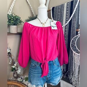 Show Me Your MuMu Hot Pink Knit Off Shoulder Front Tie Blouse